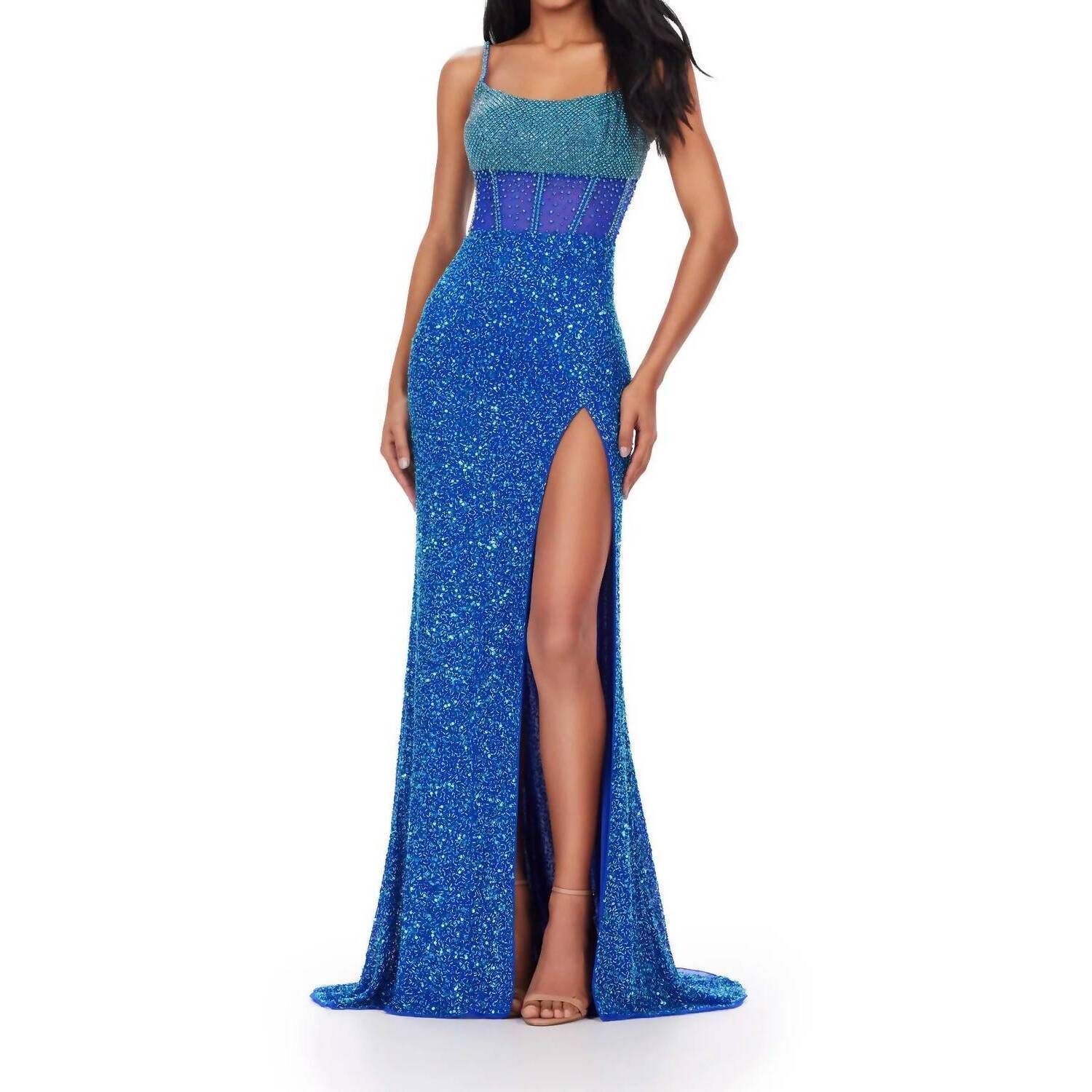 New Ashleylauren Fully Beaded Corset Bustier Gown In Royal/Turquoise